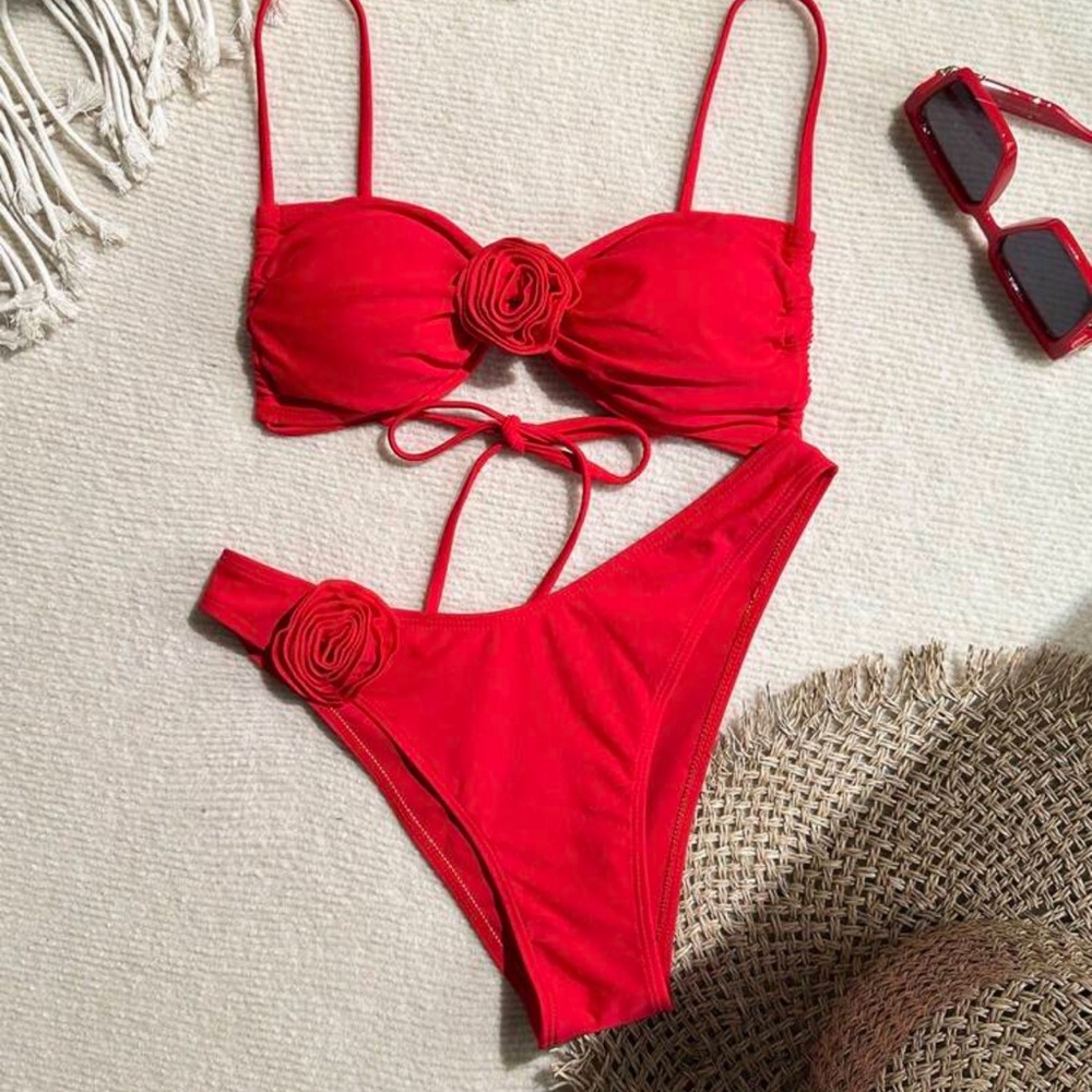 SHEIN Vibrant Red Bikini with Floral Accents